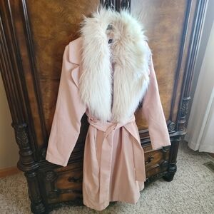Ontwelfth Blush Pink Longline Belted Coat With Faux Fur Collar